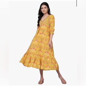 Bali Yellow Floral Midi Dress with Pink & Blue Print